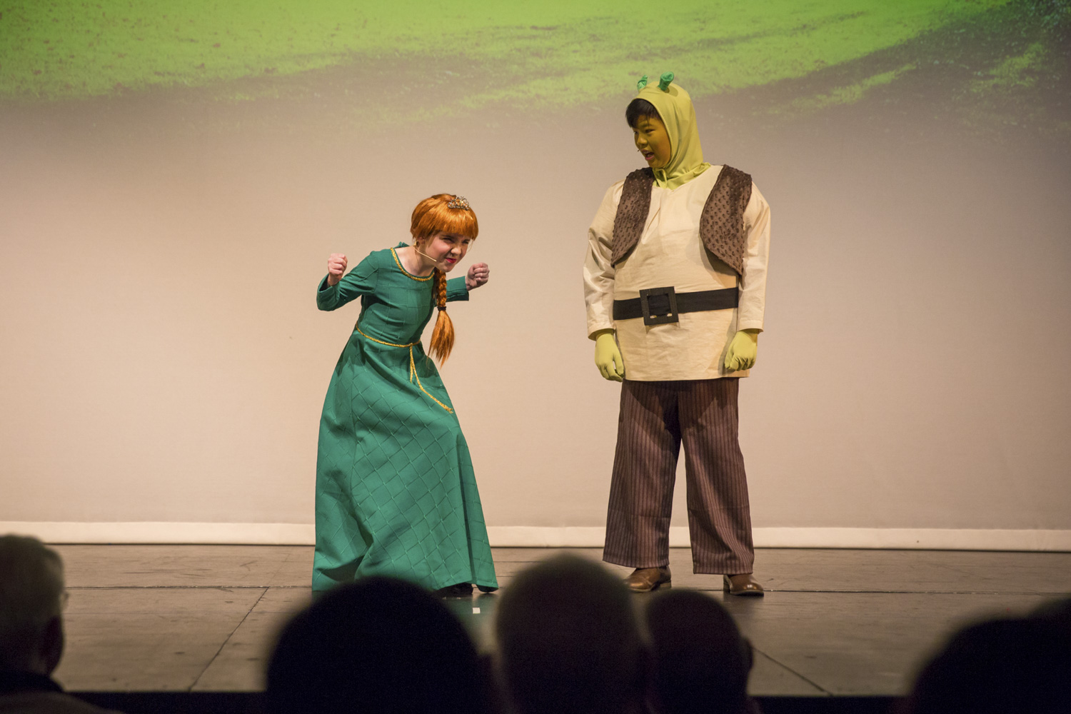 Students playing Shrek and Princess Fiona at TVPS Production